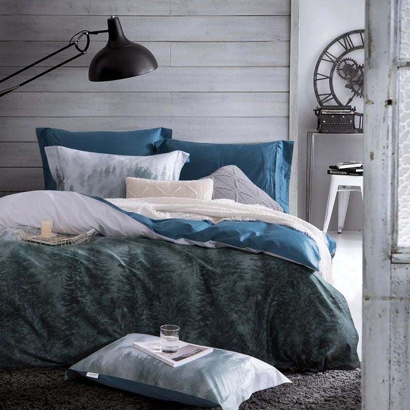 MILDLY 100% Long Staple Cotton Mountain Duvet Cover Set, Blue Green Gradient Trees Pattern Printed Comforter Cover Set - Image 1